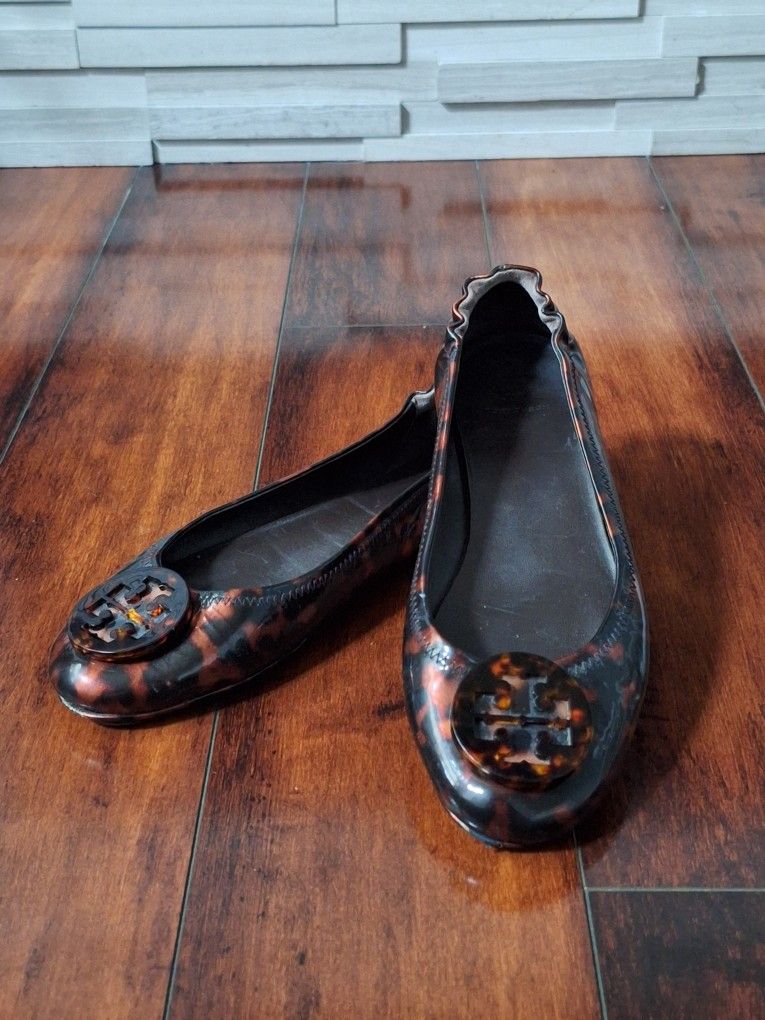 Tory Burch Minnie Travel Ballet Flats Sz 9.5 Brown Tortoise Shell Patent Leather