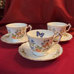 Aynsley Cottage Garden set of three gold rimmed cups & saucers