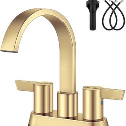 Bathroom Faucets for Sink 3 Hole,4 Inch Centerset Waterfall Faucet 2 Handle for Bathroom Sink with Pop-Up Drain and Supply Lines Brushed Gold