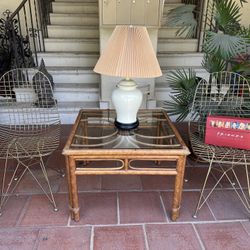 Bamboo Table  With Lamp And Solid Wood Woven  Accent Char 