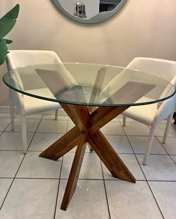 Round Glass Top Dining Table with Wood  Base