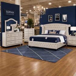 Elegant Cream Bedroom Set – Full/Queen 5PC 💫 Upgrade your bedroom with this beautiful tufted design featuring a stylish wingback headboard and matchi