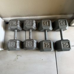 Pairs of 70lbs and 75lbs Dumbbells weights 290 lbs total if u want a pair separate they are in the description