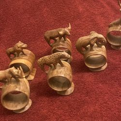 Vintage wooden hand carved animal tiki wood napkin ring set of six