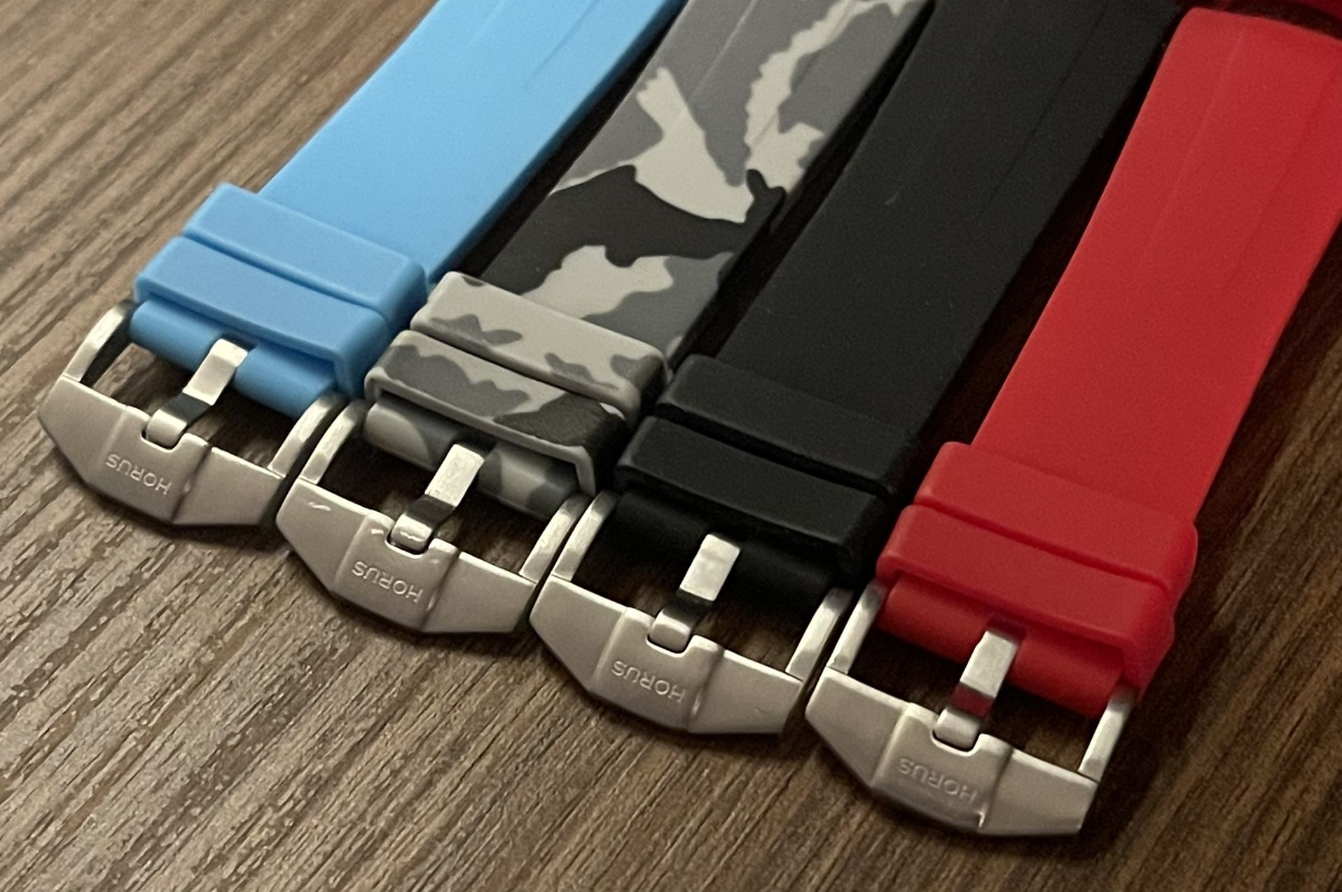 4 Horus Straps Rubber Omega Speedmaster Snow Camo, Red, Jet Black, & Miami Blue