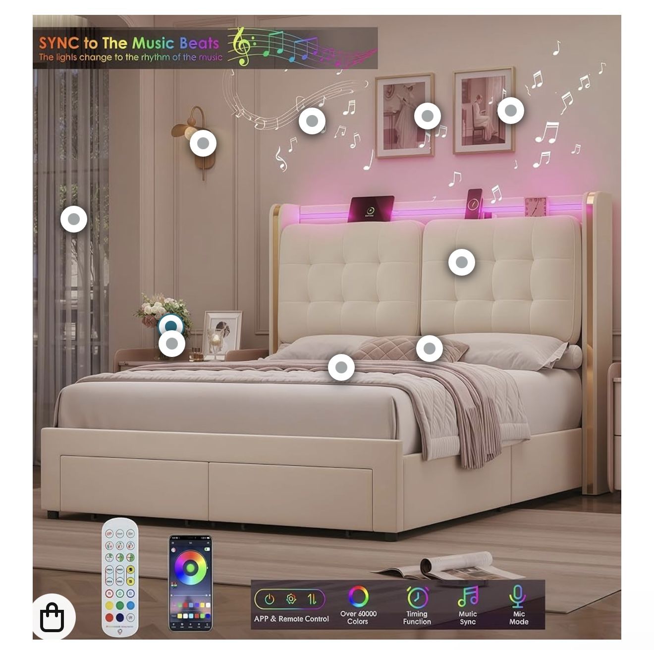 HIFIT Upholstered LED Queen Size Bed Frame with Storage and Charging Station, Lavish Wingback Headbo