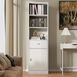 Bookshelf with Door and Drawer, 3 Shelf Bookcase, 3-Tier Freestanding Tall Bookc