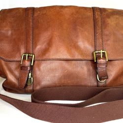 Fossil Leather Messenger Laptop Bag Brown Brass Hardware Unisex Vintage