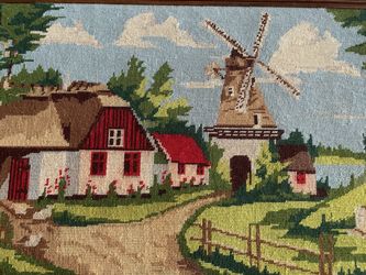 Needlepoint Large Framed Wall Art 46" x 21" Hand sewn Excellent cond.