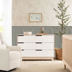 6-Drawer Double Dresser White and Natural Wood