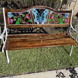 Garden Bench, Wood Slats w/ Hand Painted Butterfly Back