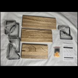 Armada 3 piece floating wood shelves with metal bracket mounts and screws.
