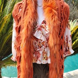 Burnt Orange Woven Shaw With Detachable  Fur Collar