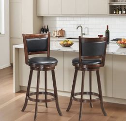 Newly Assembled 29” Swivel Bar Stools with Back, Rubber Wood, Brown, Set of 2