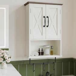 Farmhouse Wall Cabinet with Doors and Hooks