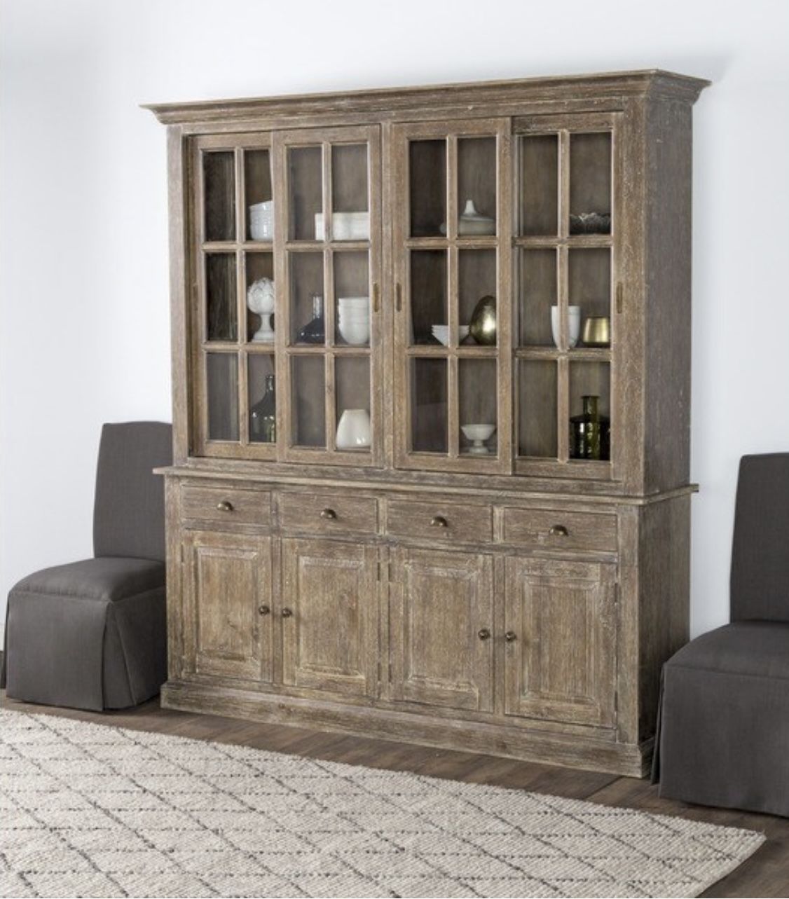Rustic Pine Wood Cabinet with Sliding Glass Doors & Adjustable Shelves for Storage!