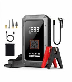 Portable Car Jump Starter, 12V Battery Booster Jumper Cables, USB Charger Power Bank, Air Inflator Compressor Jump Box 6000 Amp Truck SUV Motorcycle