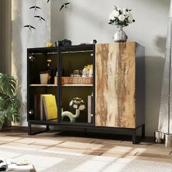 Glass LED Display Cabinet with Push-to-Open Doors, 47” Storage Buffet Sideboard End Table