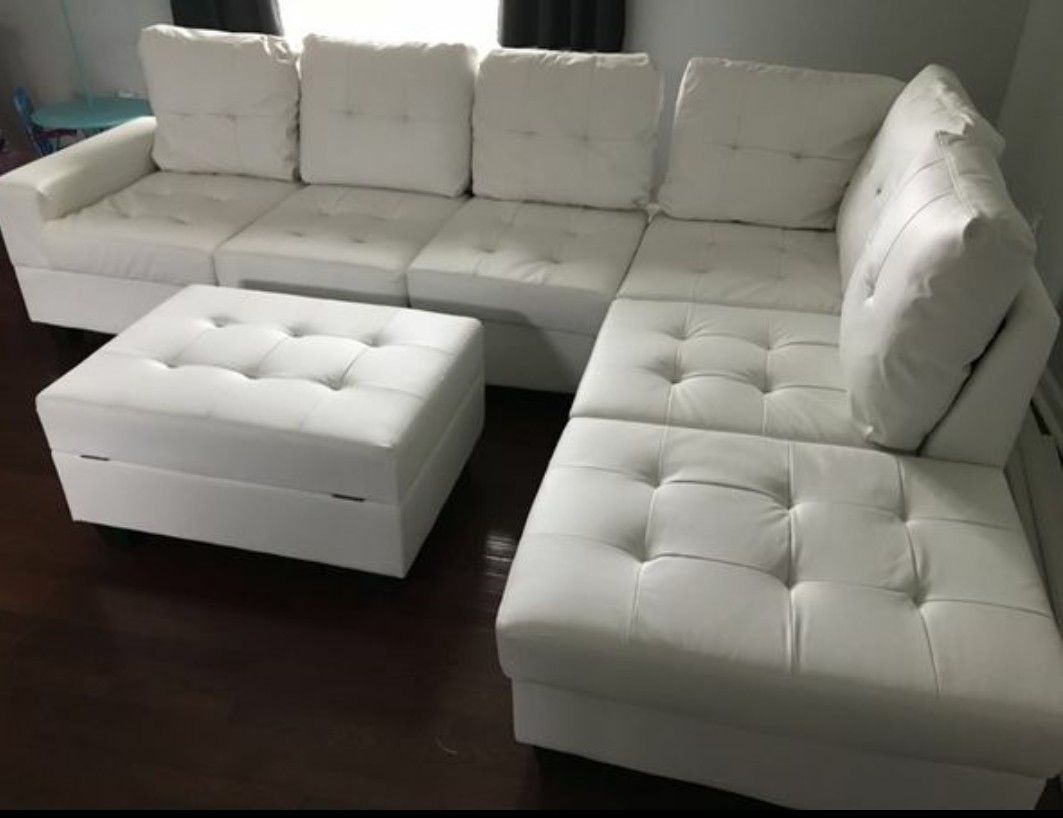White Leather Sectional with Storage Ottoman 