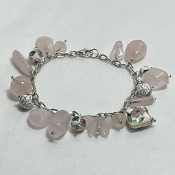 Silver 925 (5) Rose Quartz , Cloisonné Charms