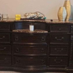 Dark Cherry Oak Dresser With Mirror And Real Marble Top