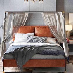 King size Vegan Leather Metal Canopy Bed  Footboard Width - Side to Side 75.6'' W Overall Dimensions 75.6'' W X 84.4'' L Headboard Width - Side to Sid