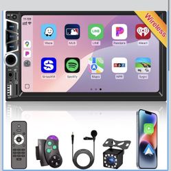 Wireless Carplay 7 inch Double Din Car Stereo,IPS Touchscreen,Bluetooth 5.2,FM Car Radio,Bakcup Camera,Subwoofer Ports, Audio Receiver,Android A