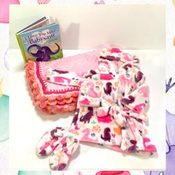 Pinky Dinosaur Minky Dot Crochet Dinosaur Baby Blanket Robe Slipper and Book Set
