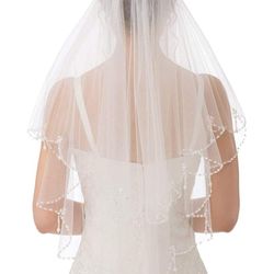 Wedding Bridal Veil Ivory/ Emondora 2T lentejuelas corto borde perla cristales rebordeados Bling boda velo nupcial