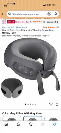 Heated Travel Neck Pillow with Vibrating Massage & Memory Foam (Grey)