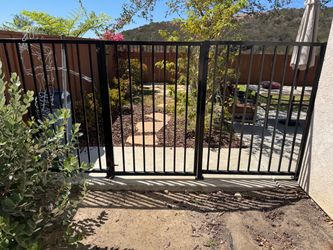 Steel metal black double-walkway gate with vertical pickets dog fence side yard