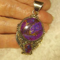 Authentic Purple Turquoise & Copper Pendant.  Solid Sterling Silver,  Stamped 925