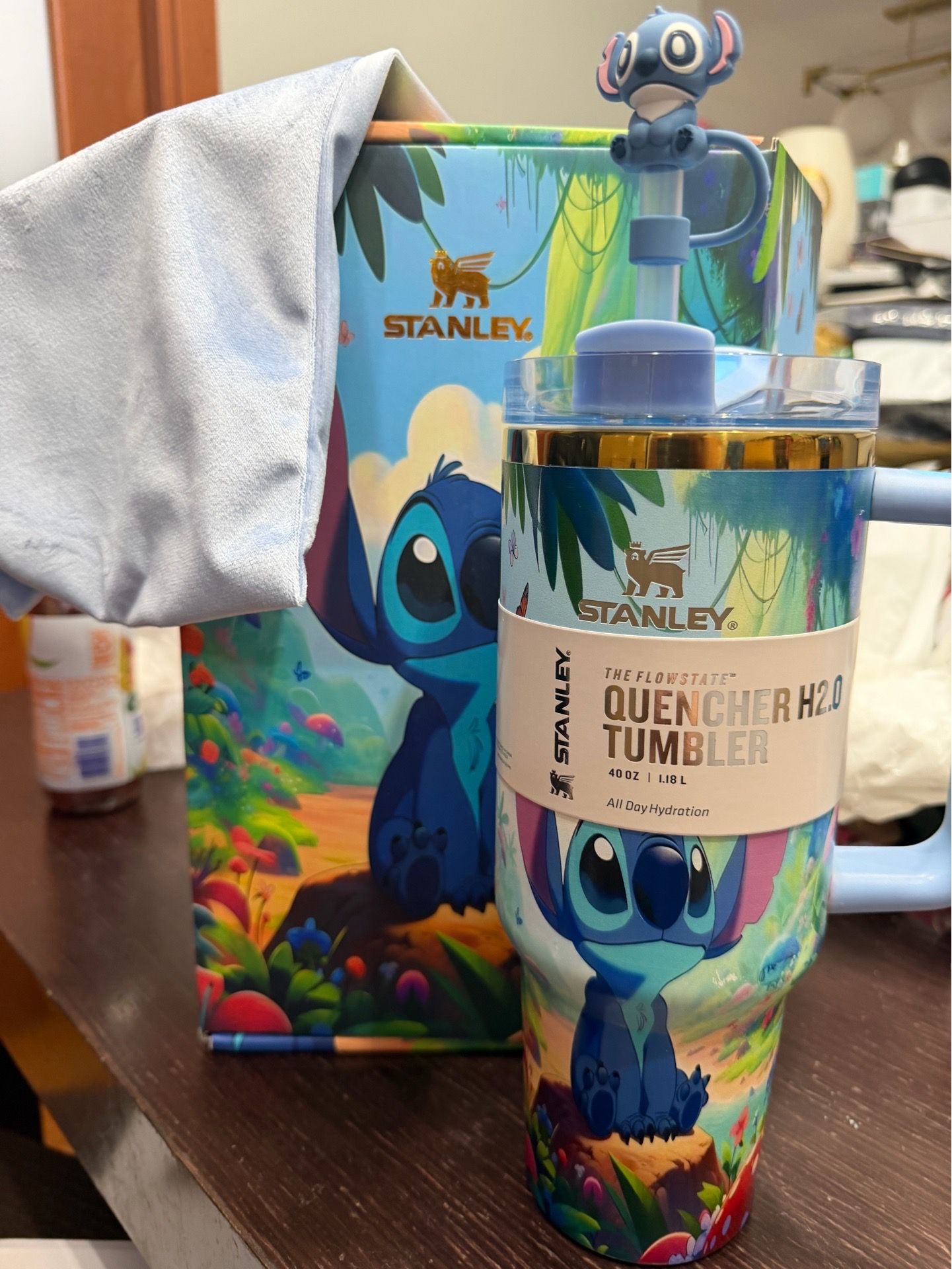 Stitch Tropical Sunset cup Tumbler: Stanley Style Drinkware with Blue Handle