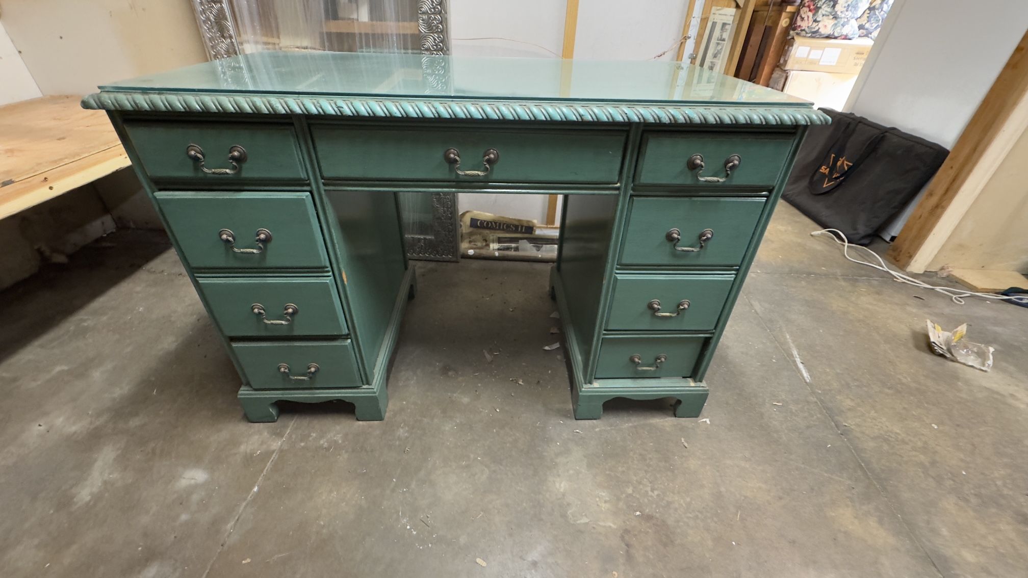 Emerald Green Vintage Desk With Bronze Handle / Office Desk