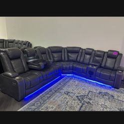 Brand New Grey Leather Power Reclining Sectional Sofa With Speakers