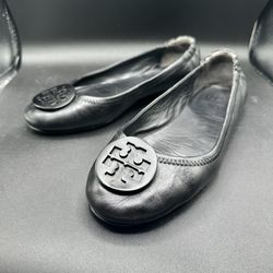 Size 8.5 Tory Burch Minnie Travel Ballet Flats Black Leather Logo