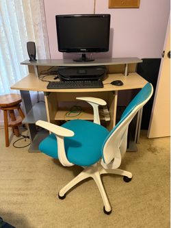 Computer Desk and Blue Mesh Office Chair