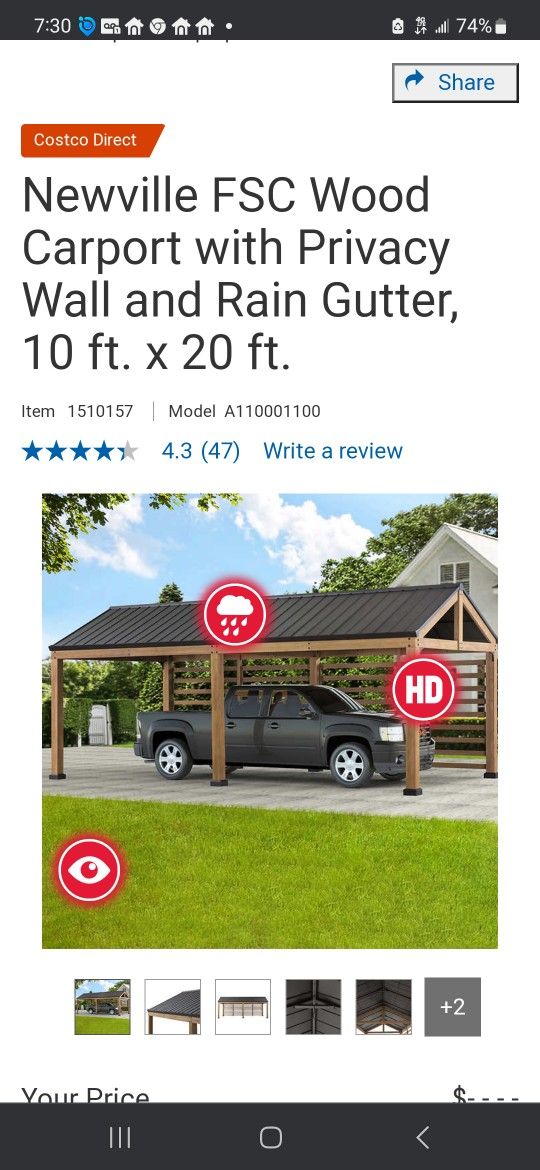Newville FSC Wood Carport 10v20 With Privacy Wall Rain Gutter $2500