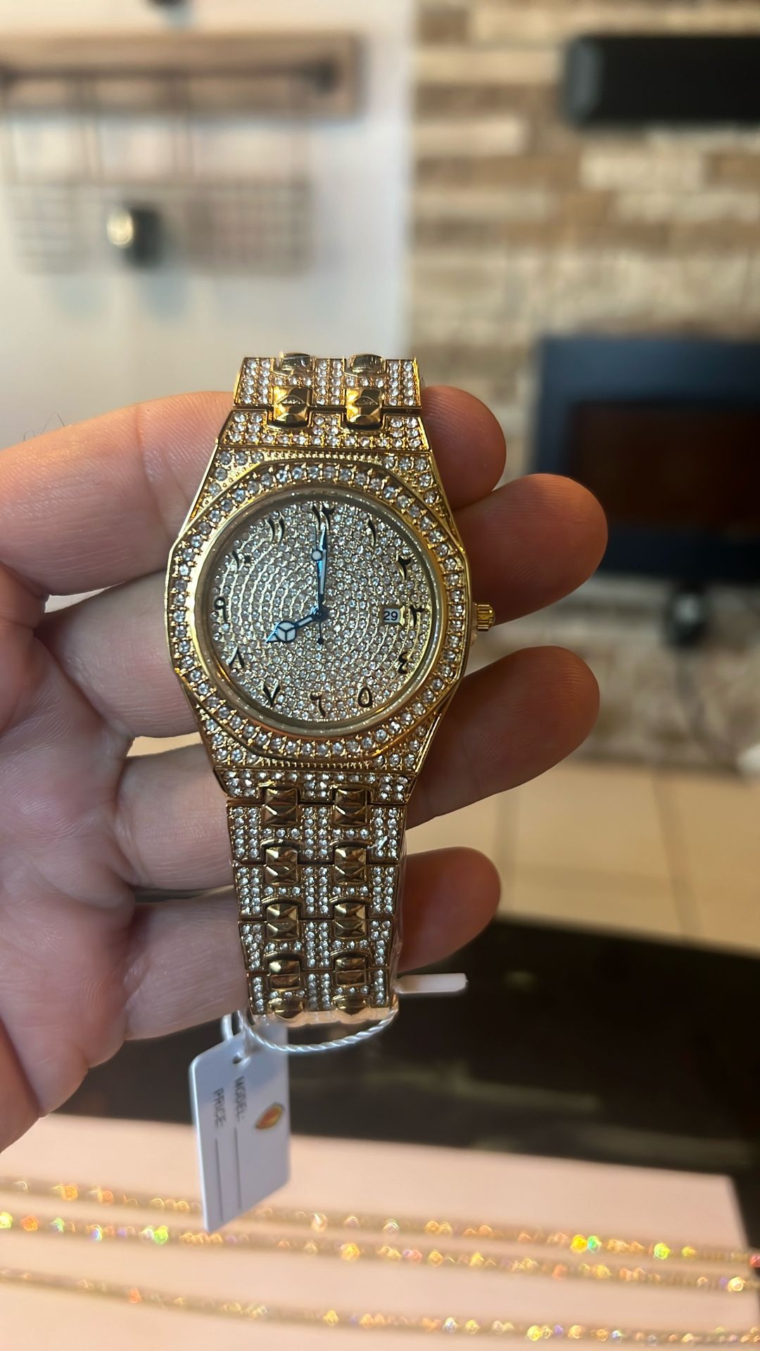 “Gold” Over Stainless Steel Watch Jeweled Bezel