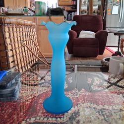 Vintage turquoise blue bud vase, aqua satin glass, ruffled rim, mid century 50s 60s, ornate decorative 8 inch flower vase