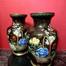 Mid 20th Century Cloisonne Enamel Vases 9"Set of Two