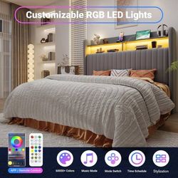 Queen Size Hydraulic Lift-Up Storage Bed Frame, LED Headboard with Fast Charging