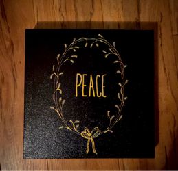 Inspirational “PEACE" Wreath Gold/Black Minimalist Canvas Statement Art Piece