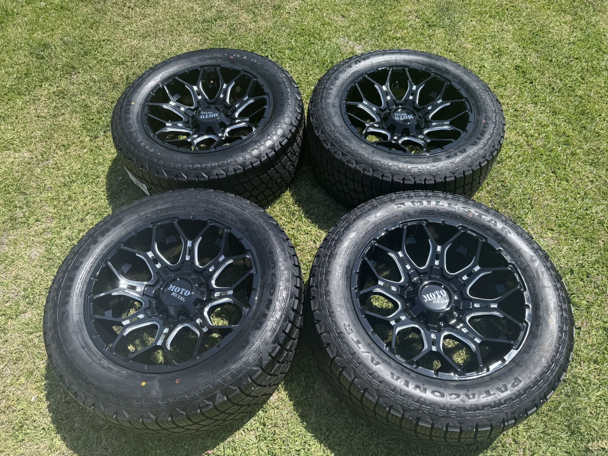 (4) 20” Moto Metal Wheels 33x12.50R20 Patagonia Tires - $2200