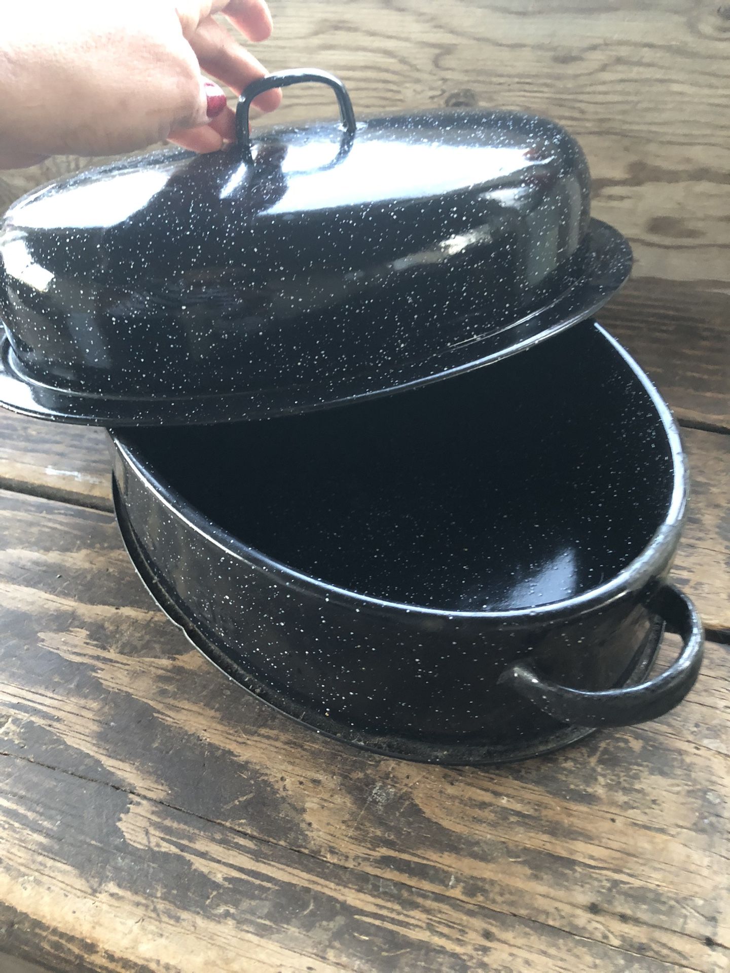 2 LARGE Black Speckled Roasting Pans Savory jr for Sale in Denair, CA