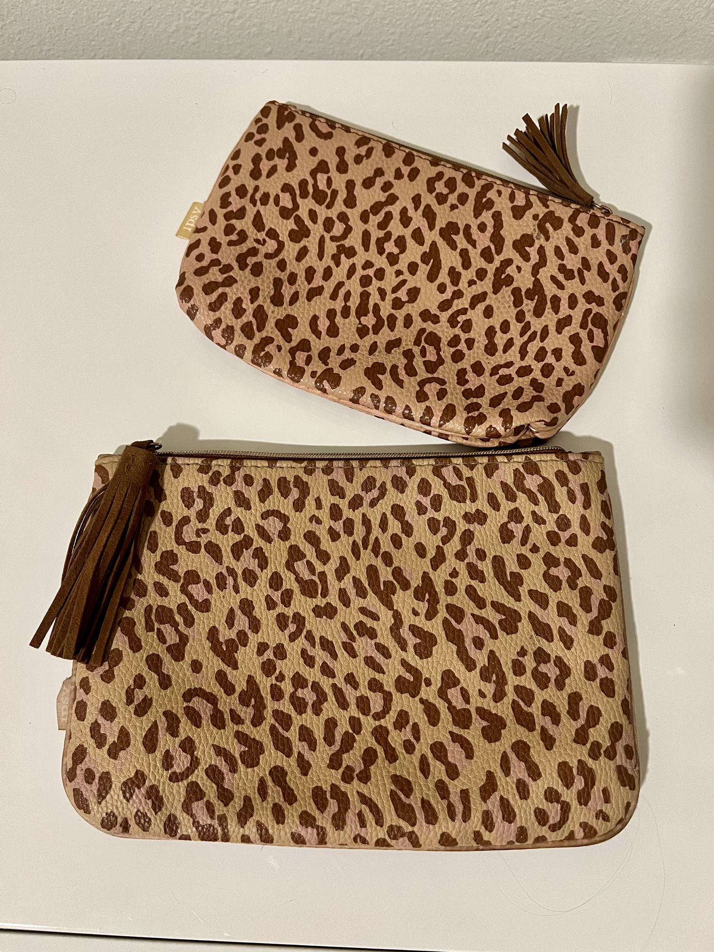Women Makeup Purce Bag Set of 2 Leopard Cheetah Print Beige Pink