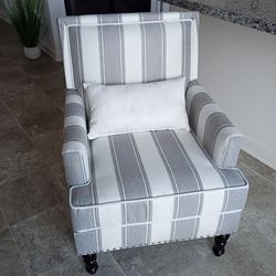 LueBona Attwell Series, From Wayfair, Grey & White Striped Upholstered Accent Chair, Silver Nail Trim, Cushion Seat, Pillow