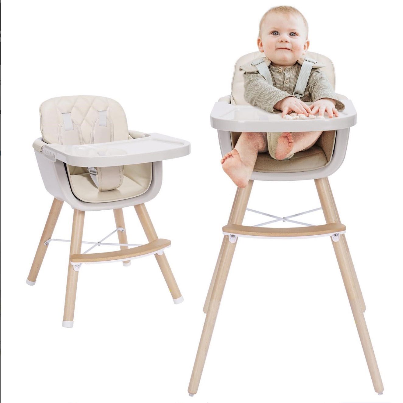 (GRAY) 3-in-1 Convertible Wooden High Chair