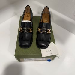 Gucci PRICE DROP Interlocking G Squared-Toe Loafer Pumps, MALAGA KID, Size 37.5 NWB