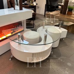 White Chrome Coffee Table With Stools 